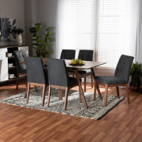 Baxton Studio RDC714-Dark GreyWalnut-7PC Dining Set Baxton Studio Tara Mid-Century Modern Dark Grey Fabric Upholstered and Walnut Brown Finished Wood